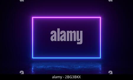 Glühende Rechteck quadratische Linien mit Copy Space, Neon-Lichter, abstrakten Vintage-Hintergrund, ultraviolett, Spektrum lebendige Farben, Laser zeigen 3d Render i Stockfoto