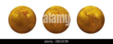 Realistische Reihe von Topographie Golden Metal Earth Globe isoliert auf einem weißen Hintergrund. Asien, Europa, Afrika, Amerika, Australien. 3d Rendering illustrati Stockfoto