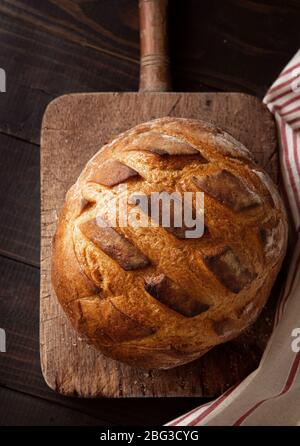 Blick von oben auf frisch gebackenes Brot auf einem rustikalen Schneidebrett Stockfoto