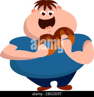 Fat Junge essen Donut, Illustration, Vektor auf weißem Hintergrund Stock Vektor