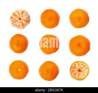 Mandarinorangen auf weißem Hintergrund isoliert, Golden Orange Kollektion Stockfoto