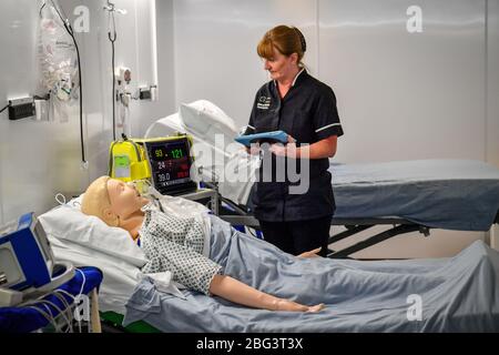 Ein Simulationstechniker nimmt an einer medizinischen Ausbildung in einer Station bei der offiziellen Eröffnung des neuen Dragon's Heart Hospital Teil, das im Principality Stadium in Cardiff zur Versorgung von Coronavirus-Patienten gebaut wurde. Stockfoto