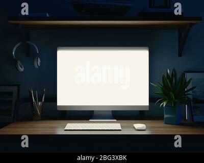 Stilvoller oder moderner Arbeitsplatz mit Computer zu Hause oder im Studio, 3d-Rendering Stockfoto