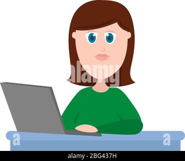 Frau arbeitet auf Laptop, Illustration, Vektor auf weißem Hintergrund Stock Vektor
