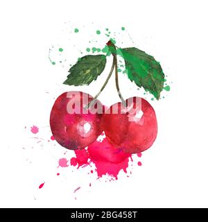 Zwei rote Kirschen sind mit Aquarellen auf weißem Hintergrund bespritzt. Helle süße Farbe. Süßes Obst. Stockfoto