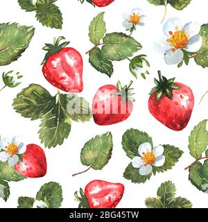 Beeren nahtlose Muster in Aquarell. Farbenfroher Hintergrund mit roten Erdbeeren, Blättern und Blumen. Natürliche Illustration. Frühlingsblüte. Collectio Stockfoto