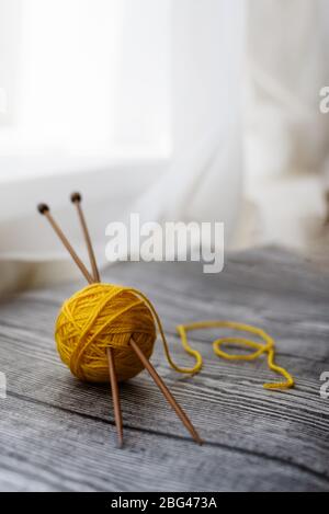 Gelb gefärbte Wollkugel, Stricknadeln auf dem Holzhintergrund. Platz für Text. Stockfoto