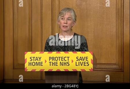 Bildschirmschnappschuss von der stellvertretenden Chief Scientific Officer Professor Dame Angela McLean während einer Medienbesprechung in Downing Street, London, über Coronavirus (COVID-19). Stockfoto