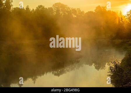 Aufsteigender Nebel auf Junction Creek bei Sonnenaufgang, Greater Sudbury, Ontario, Kanada Stockfoto