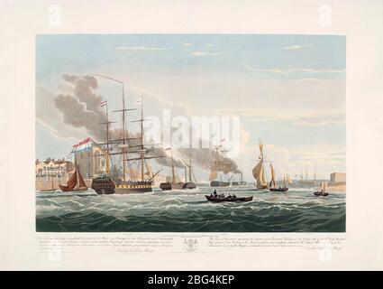 Niederländische Handelsschiffe verlassen Portsmouth Hafen am 2. Juni 1833. Aus einer Radierung von 1835 von Robert Havell nach John Christian Schetky. England hatte 1832 zwölf holländische Schiffe in das Embargo gesteckt, um Druck auf Wilhelm von Oranien auszuüben, um Leopold’s Wahl zum ersten König der Belgier nach der Unabhängigkeit des Landes von den Niederlanden zu unterstützen. Dieses Bild ist eines von drei Bildern, die die Schiffe zeigen, die England nach der Aufhebung des Embargos verlassen. Stockfoto