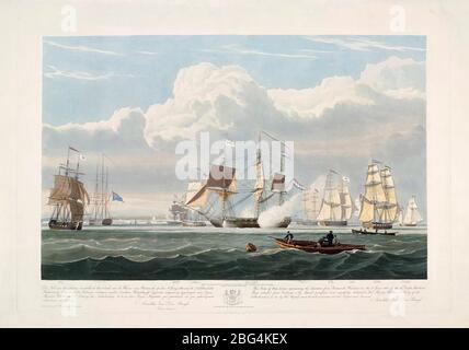 Niederländische Handelsschiffe verlassen Portsmouth Hafen am 2. Juni 1833. Aus einer Radierung von 1835 von Robert Havell nach John Christian Schetky. England hatte 1832 zwölf holländische Schiffe in das Embargo gesteckt, um Druck auf Wilhelm von Oranien auszuüben, um Leopold’s Wahl zum ersten König der Belgier nach der Unabhängigkeit des Landes von den Niederlanden zu unterstützen. Dieses Bild ist eines von drei Bildern, die die Schiffe zeigen, die England nach der Aufhebung des Embargos verlassen. Stockfoto