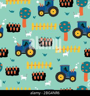 Traktoren nahtlose Kinder Muster. Traktor, Karotten, Zaun, Apfelbäume und Katzen wiederholen Vektor Hintergrund. Farmmuster für Kinder Stoff Stock Vektor