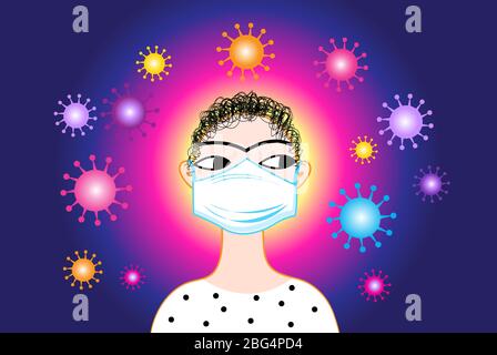 Grafik-Vektor das Mädchen in der Maske auf dem Hintergrund des Coronavirus Stock Vektor