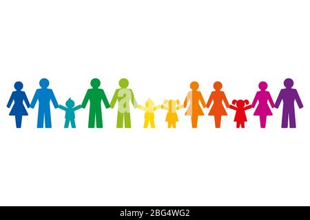 Regenbogenfarbene Piktogramme von Menschen, die die Hände halten, stehen in einer Reihe. Abstrakte Symbole verbundener Menschen, die Freundschaft, Liebe und Harmonie ausdrücken. Stockfoto