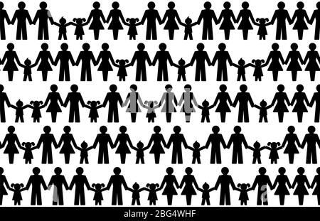 Piktogramme von Menschen, die die Hände halten, nahtlose Kachel. Abstrakte Symbole verbundener Männer, Frauen und Kinder, die Freundschaft, Liebe und Harmonie ausdrücken. Stockfoto