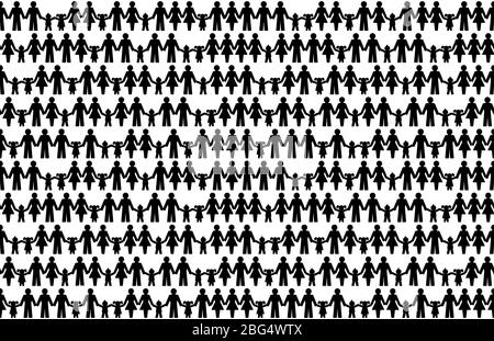 Hintergrund mit Piktogrammen von Menschen, die die Hände halten. Nahtlose Kachel. Abstrakte Symbole verbundener Menschen, die Freundschaft, Liebe und Harmonie ausdrücken. Stockfoto