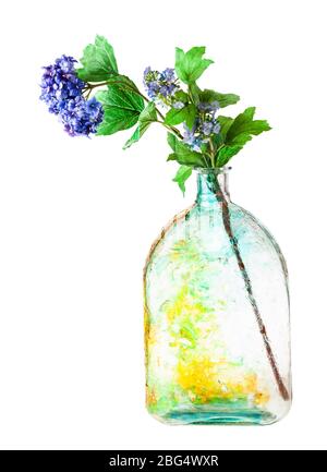 Künstliche Hortensien Blumen in handbemalter Glasflasche isoliert auf weißem Hintergrund Stockfoto