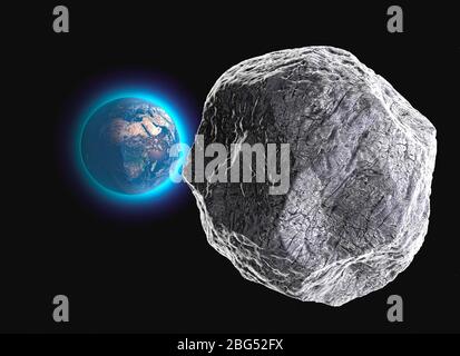 Meteorit trifft auf die Erde. Asteroid auf Kollisionskurs zur Erde. Explosion, Kataklysmus Ende der Welt. Globale Auslöschung. Stockfoto