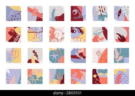 Satz abstrakter Hintergründe. Quadratische Symbole, Vorlagen markieren Cover für Konto, Beiträge, Meldungen in sozialen Medien. Florale Elemente mit Punkten, Punkten, Linien. Isoliert auf weißen Vektor-Illustration Stock Vektor