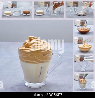 Dalgona Kaffee. Collage aus Schritt für Schritt Kochen. Der neue koreanische Trend in Getränken. Mischen Sie in den gleichen Proportionen Kaffee, Zucker, Wasser. Schlagen. Legen Sie die Finis Stockfoto