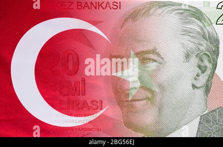 Nahaufnahme Porträt von Präsident Mustafa Kemal Atatürk, TL oder 20 türkischen Lira-Banknoten Stockfoto