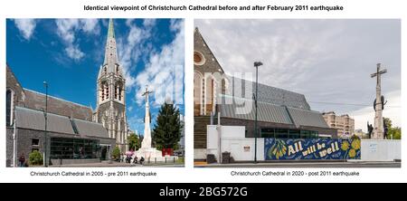 Christchurch Cathedral, Neuseeland vor und nach dem Erdbeben im Februar 2011. Fotos von der gleichen Stelle in Cathedral Square Stockfoto