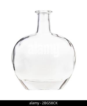 Leere klare Cognac-Flasche auf weißem Hintergrund isoliert Stockfoto