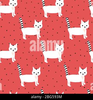 Nahtlose Vektor-Muster mit niedlichen weißen Kätzchen auf einem rot und schwarz gefleckten Hintergrund. Kreatives Design für Kinder. Ideal für Stoff, Tapete Stock Vektor