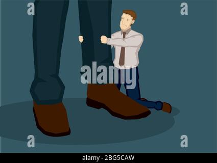 Trauriger Cartoon-Mann kniet auf dem Boden und zieht die Hose an einem Paar riesiger Beine. Kreative Vektordarstellung auf Plissierkonzept isoliert auf gree Stock Vektor