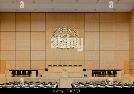 Saal der Generalversammlung, Assemblée Générale, Büro der Vereinten Nationen, Genf, Schweiz Stockfoto