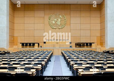 Saal der Generalversammlung, Assemblée Générale, Büro der Vereinten Nationen, Genf, Schweiz Stockfoto