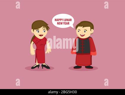 Vektor-Illustration eines Mannes in traditionellen chinesischen Mandarinenkleid Gruß Happy Lunar Neujahr zu einer Dame in roten Cheongsam Stock Vektor
