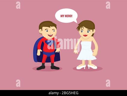 Vektor-Illustration eines Mannes im Superhelden Kostüm mit Umhang und einer Dame in weißen trägerlosen Kleid und Fersen sagen My Hero. Stock Vektor