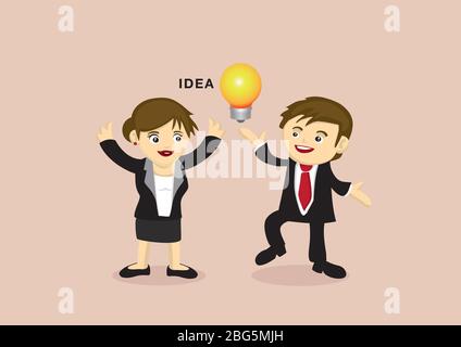 Vektor-Illustration von aufgeregt Mann und Frau in Business-Anzug tun glücklich Tanz um eine Glühbirne, Metapher für Geschäftsidee. Stock Vektor
