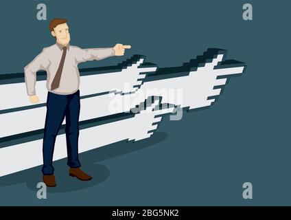 Geschäftsmann zeigt in eine Richtung mit digitalen Händen im Hintergrund zeigt in die gleiche Richtung. Kreative Vektorgrafik auf Business di Stock Vektor