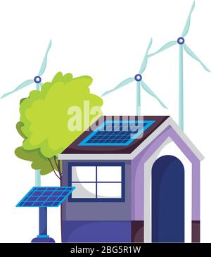 Eco freundliches Haus Solarpanel Windmühle Energie nachhaltig Baum isoliert Symbol Vektor Illustration Stock Vektor