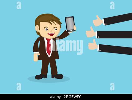Verkäufer zeigt Smartphone und viele Daumen-hoch Bewertungen an der Seite. Business-Konzept Vektor-Illustration isoliert auf blauem Hintergrund. Stock Vektor
