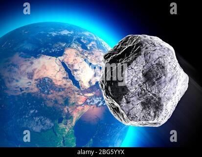 Meteorit trifft auf die Erde. Asteroid auf Kollisionskurs zur Erde. Explosion, Kataklysmus Ende der Welt. Globale Auslöschung. Stockfoto