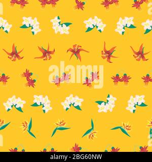 Nahtlose tropische Blume Sommer Vektor Muster gelb. Exotische Blumen Hintergrund. Illustration des tropischen Paradiesvogels, Frangipani, Plumeria Stock Vektor