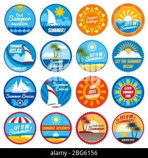 Vintage Sommer Labels. Tropische Urlaubsvektorlogos mit Typografie - Embleme mit Sonne und Meer. Illustration von Reisen und Sommer, Meer Strand Abzeichen Stock Vektor