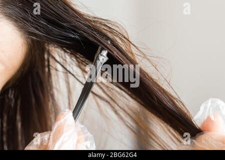 Closeup Frau Hände färben Haar mit einem schwarzen Pinsel. Färbung von weißem Haar zu Hause. Stockfoto