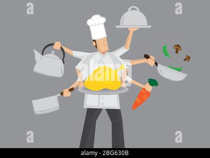 Cartoon Chef Charakter mit Multitasking mit sechs Armen halten verschiedene Kochutensilien. Vektordarstellung isoliert auf grauem Hintergrund. Stock Vektor