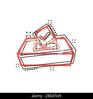 Vote-Symbol im Comic-Stil. Stimmzettelbildzeichentrick Vektor-Illustration auf weißem isolierten Hintergrund. Geschäftskonzept mit Wahlsplash-Effekt. Stock Vektor