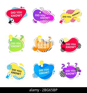 Wussten Sie, abstrakte Form Abzeichen Set, Glühbirne und Megaphon Lautsprecher Label flacher Stil Design Vektor-Illustration isoliert auf weißem Hintergrund. Inte Stock Vektor