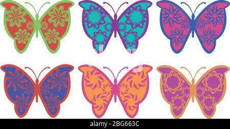 Set von bunten Schmetterlingen mit fantasievollen Blumenmuster Flügel Vektor-Design auf weißem Hintergrund isoliert Stock Vektor