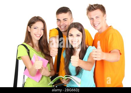 Glückliche Gruppe von schönen jungen Studenten, isoliert auf weiß Stockfoto