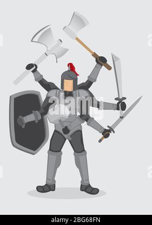 Vektor-Illustration eines Cartoon mittelalterlichen Ritter Charakter in Metall Rüstung mit mehreren Armen hält eine Vielzahl von alten Waffe. Stock Vektor