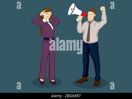 Cartoon Geschäftsfrau mit Händen, um ihre Ohren und Geschäftsmann mit Megaphon zu ihr sprechen Cup. Vektor Cartoon Illustration isoliert auf grünen Rücken Stock Vektor