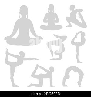 Grau Pilates Yoga Fitness Silhouetten Set. Gesunde Frau Sammlung Pose. Vektorgrafik Stock Vektor