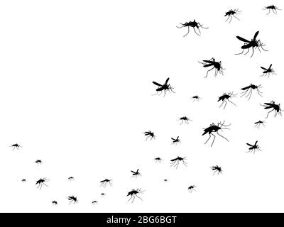 Fliegende Mücken schwarze Silhouette isoliert. Insektenscharen in der Luft. Viren und Krankheiten verbreiten medizinische Vektor-Konzept. Insektenmücke schwarze Silhouette Stock Vektor